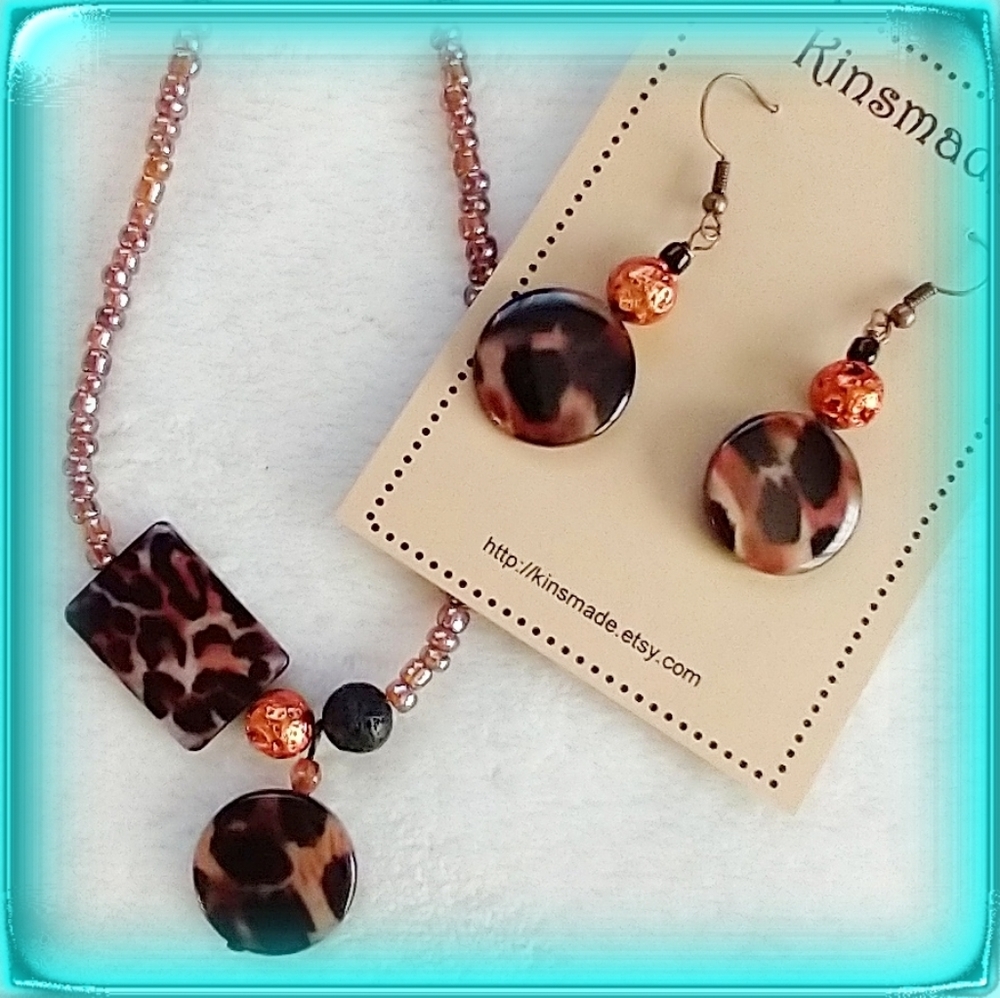 Leopard essential oil diffuser lava bead necklace earring set